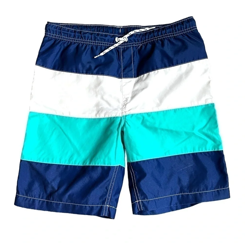 LANDS End boys blue and white striped swim trunks size L
